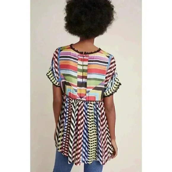 Anthropologie Short Sleeve Shirt Embroidered Flowy Tunic Top Colorful Boho Art - Picture 5 of 8